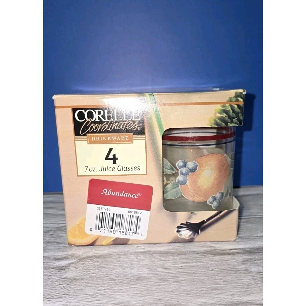 New In Box Set Of 4 Vintage CORELLE Abundance Juice Glasses 7 oz. Fruit Lemon